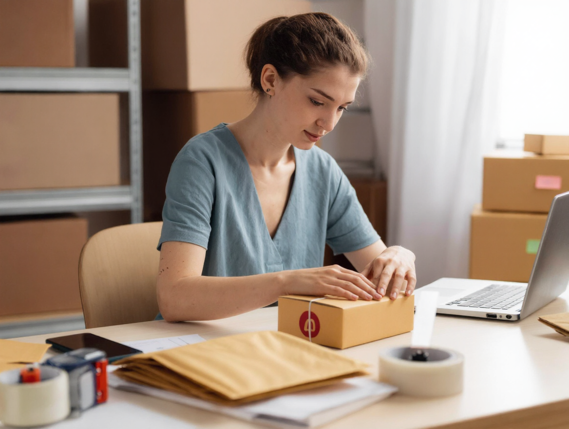 Small online-shop owner sealing a kraft parcel at a tidy packing desk surrounded by boxes