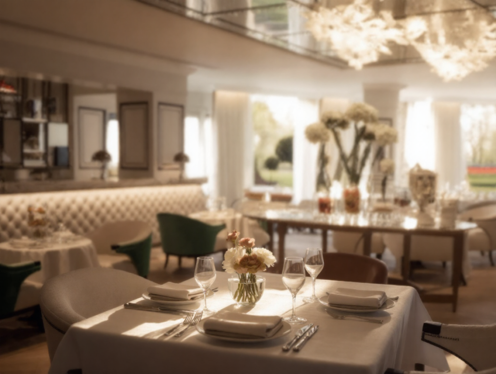 Beautifully laid table in an elegant, bright restaurant dining room ready for guests
