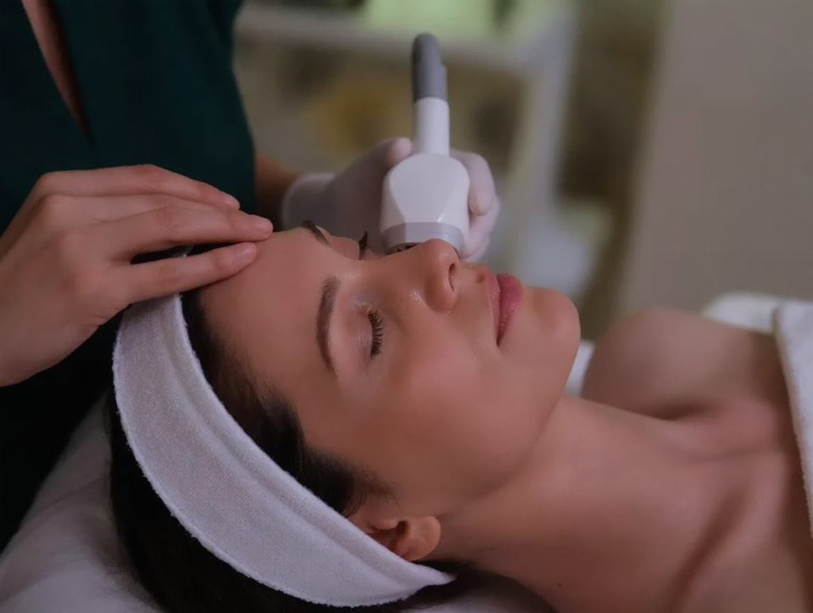 Esthetician performing a calming facial treatment on a relaxed client at a spa