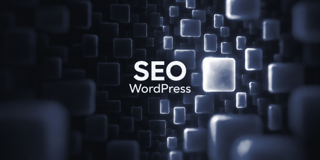 The words SEO and WordPress over a dark field of glowing rounded blocks
