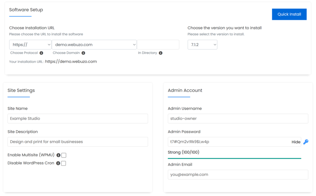WordPress install form in a hosting control panel, with fields for the installation address, site name, admin username, password and email