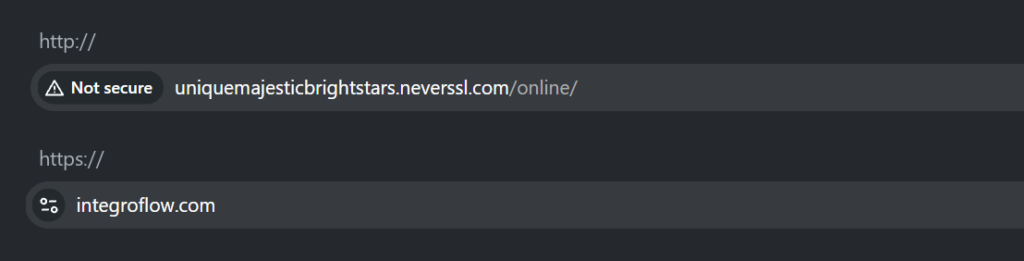 Two Chrome address bars: a site over http marked Not secure, and integroflow.com over https with no warning