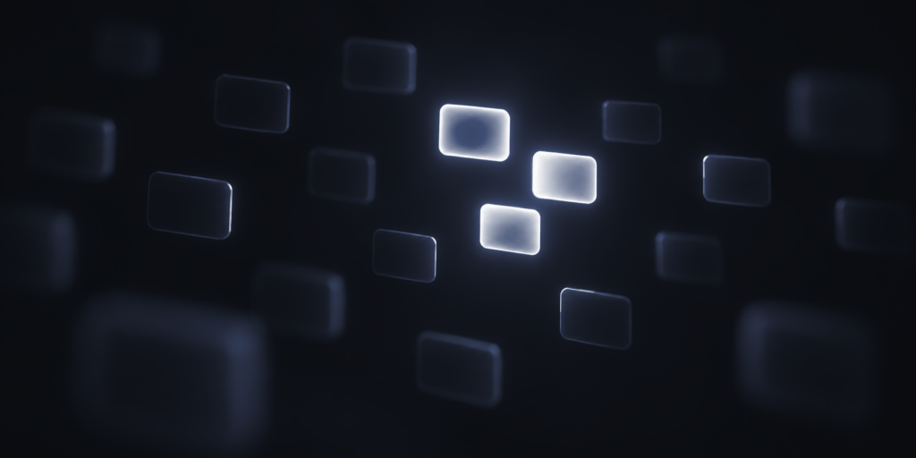 Three glowing blocks among many identical blocks that are still dark