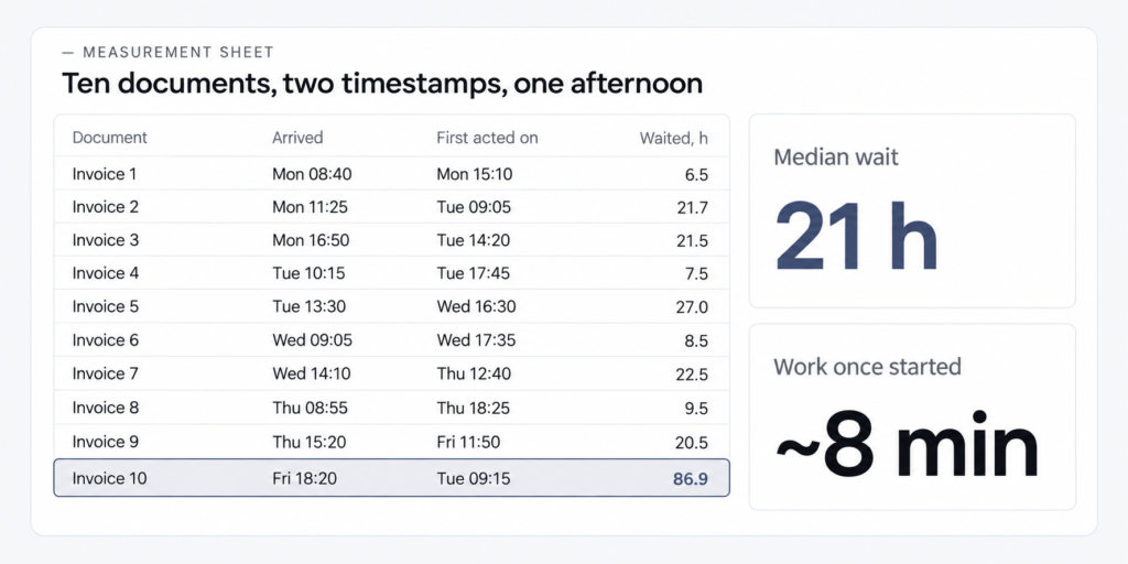 Example measurement sheet for ten invoices with arrival time, first action and hours waited, and a median wait of 21 hours against about 8 minutes of work