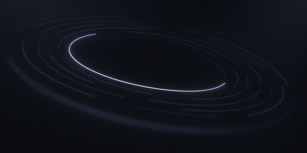 A dozen faint concentric arcs of light in the dark, one of them lit brightly along half its ring