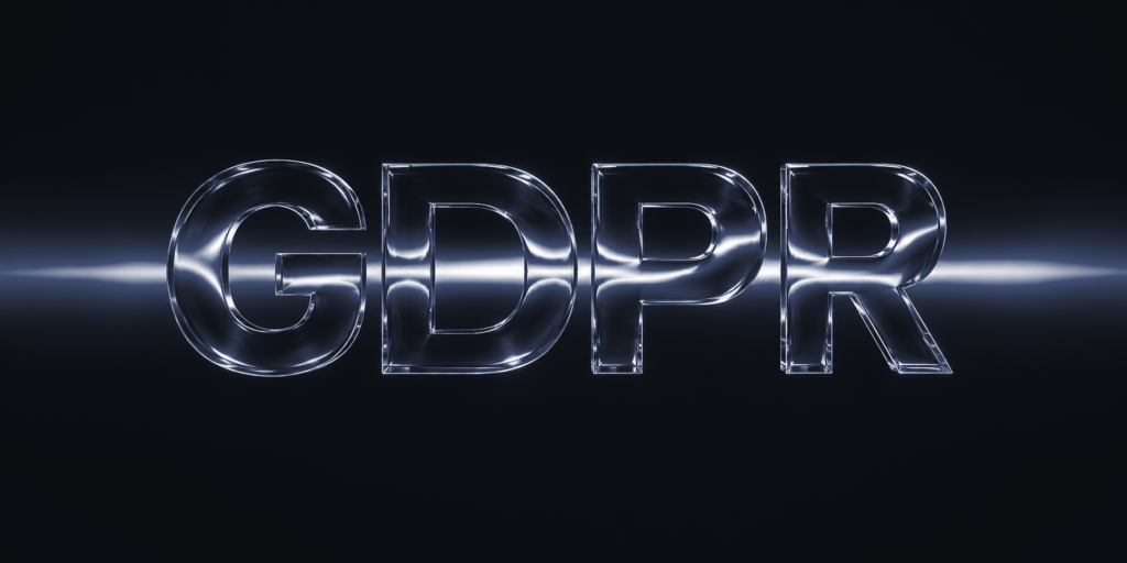 Η λέξη GDPR με διάφανα γυάλινα κεφαλαία γράμματα σε σκοτεινό φόντο· πίσω τους μια λωρίδα φωτός λυγίζει μέσα στο γυαλί