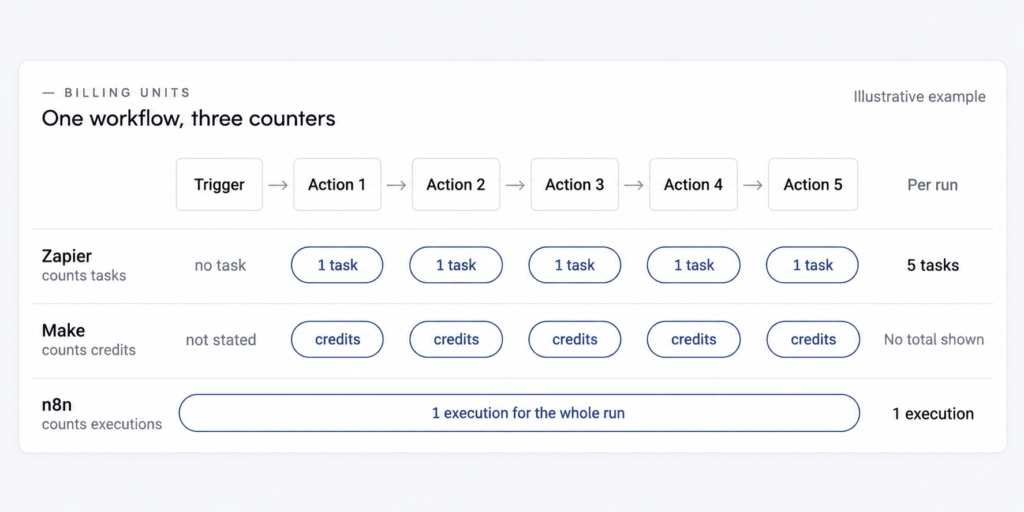 Diagram of one illustrative workflow with a trigger and five actions: Zapier counts 5 tasks per run and does not count the trigger, Make counts credits for each action with no total shown, and n8n counts 1 execution for the whole run