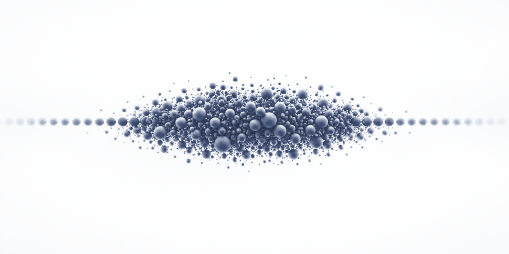 A thin straight row of dots across a white field, wrapped along one stretch in a dense dark mass of dots of many sizes
