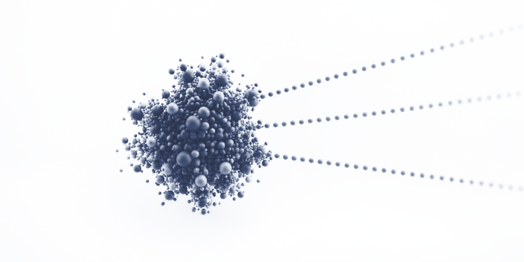 A dense dark cluster of dots on a white field, with three thin rows of dots leaving it on one side and spreading apart