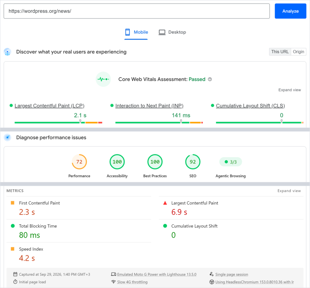 PageSpeed Insights mobile report: real visitors pass Core Web Vitals with LCP at 2.1 s, while the lab run scores 72 with LCP at 6.9 s
