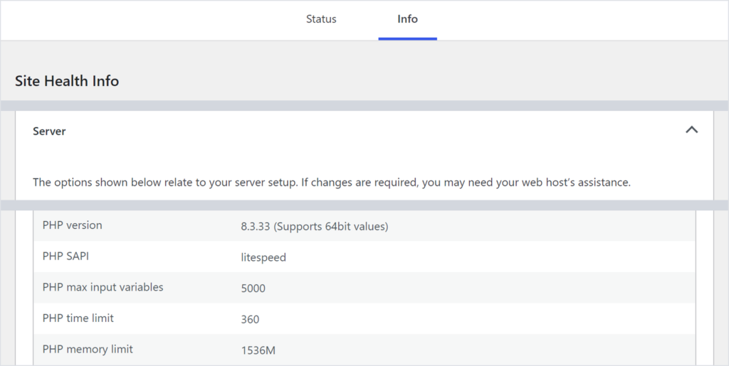 WordPress Site Health, Info tab, with the Server section open and PHP version 8.3.33 in the first row shown