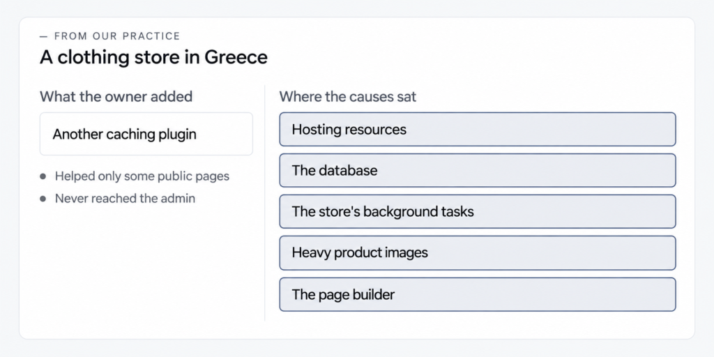 Store case diagram: one added caching plugin on the left and five causes of the slowdown on the right, from hosting to the page builder
