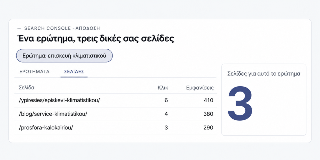Αναφορά απόδοσης του Search Console με φίλτρο στο ερώτημα «επισκευή κλιματιστικού»: στην καρτέλα Σελίδες εμφανίζονται τρεις σελίδες του ίδιου site με εμφανίσεις στο ίδιο ερώτημα