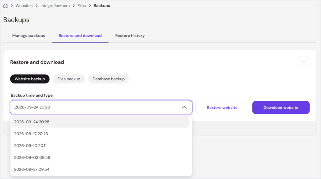 Hosting panel backups screen with the restore list open: five weekly website backups, the newest from September 24, 2026 and the oldest from August 27
