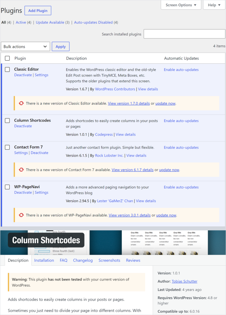 WordPress plugin list with update notices under three plugins and none under Column Shortcodes, whose details window shows Last Updated: 4 years ago