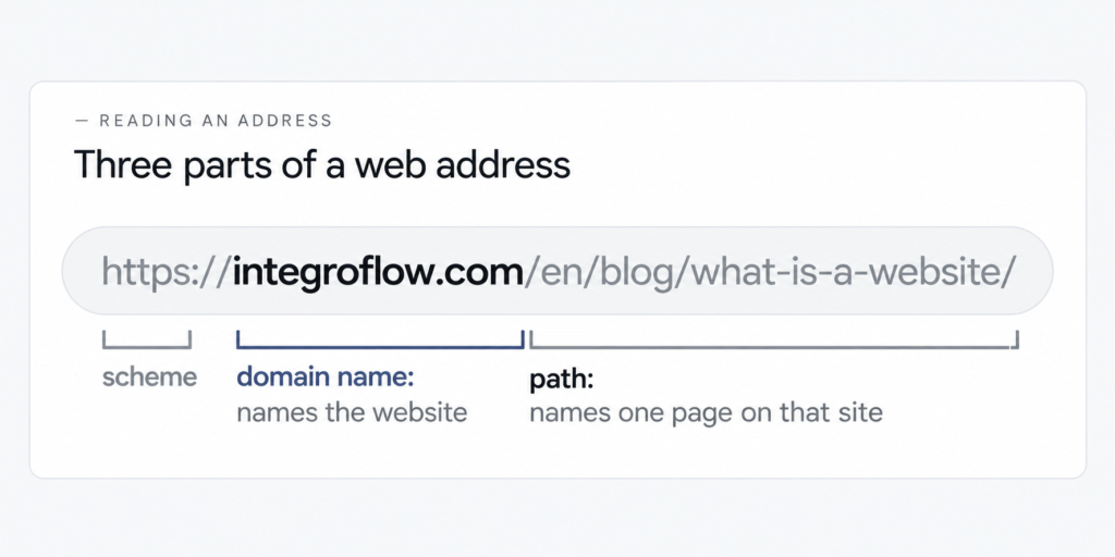 Address bar with https://integroflow.com/en/blog/what-is-a-website/ divided into scheme, domain name and path