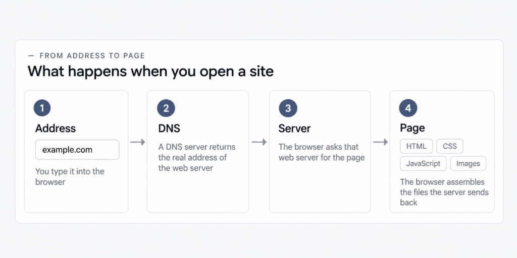 Four steps from a typed address to a page: DNS returns the server's address, the browser requests the page and assembles the files