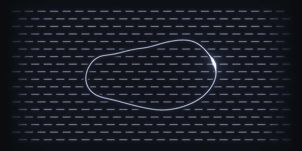 An even field of short glowing dashes, with one thin bright outline enclosing a group of them