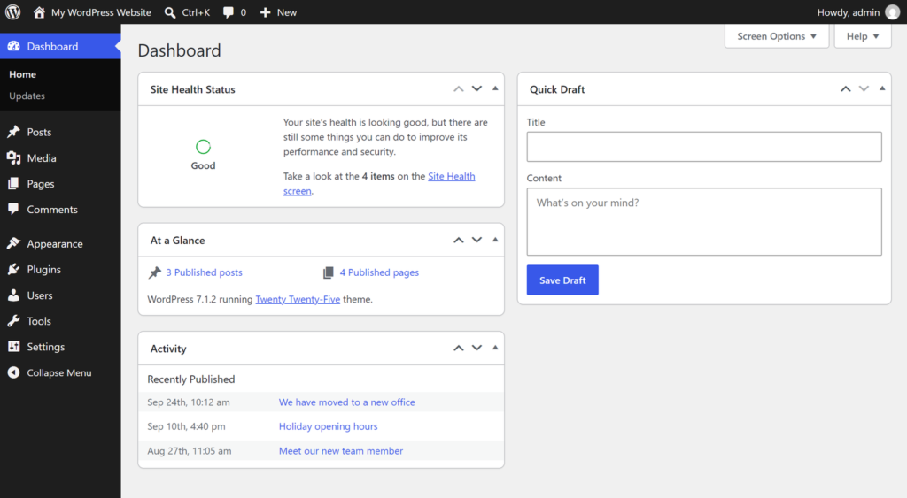 WordPress dashboard with the admin menu on the left and the overview screen showing Site Health Status, At a Glance, Activity and Quick Draft
