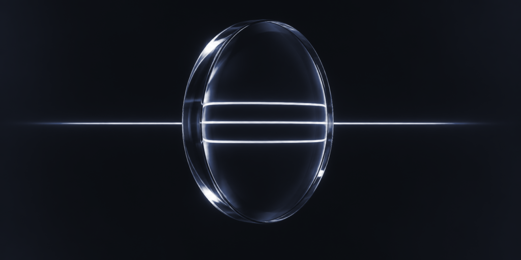 A clear glass lens on a dark field: one thin line of light outside it, three lines seen through it