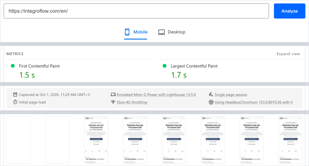 PageSpeed Insights mobile report for integroflow.com: Largest Contentful Paint at 1.7 s, and a filmstrip with two blank frames before the page appears
