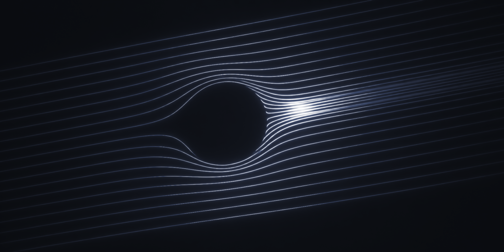 Straight glowing lines cross a dark field and bend apart around one empty round space