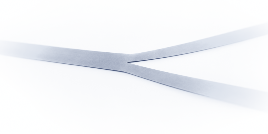 A flat pale band on a white field that splits lengthwise into two strips spreading apart
